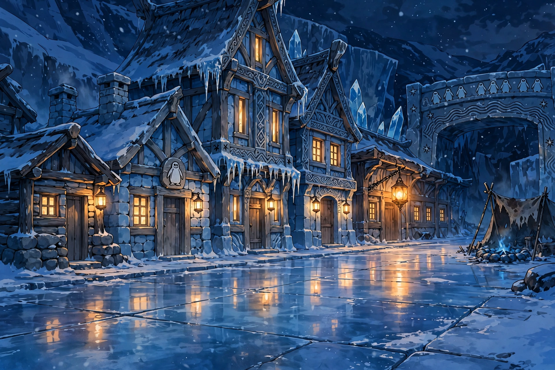 The Penguin Village in the Deep Home, as drawn in the comic — carved ice-blue stone houses, amber lanterns, the glyph arch, and the cold camp at the edge
